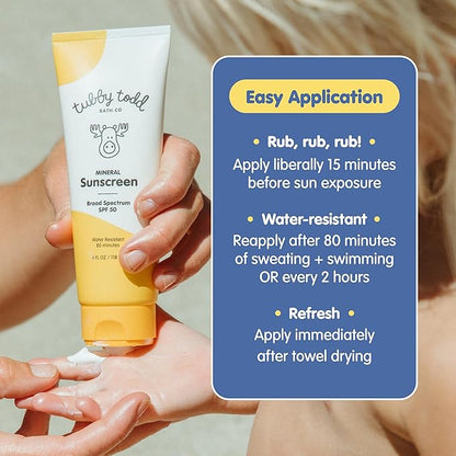 TUBBY TODD Mineral Sunscreen SPF 50 - Broad Spectrum Sunscreen Lotion for Kids - Water-Resistant for 80 Minutes - Safe for Sensitive Skin - Non-Greasy Feel - 2 Pack, 4 Fl Oz