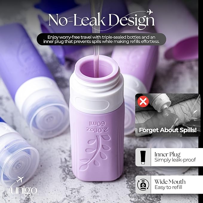 unigo 30 pack Full Set TSA Approved Travel Bottles, Travel Size Containers for Toiletries, Refillable Leakproof Shampoo and Conditioner Bottles, Toiletry Containers,Extra Bottle Sleeves (Purple)