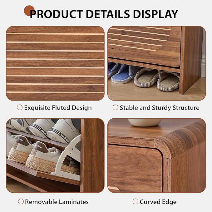 Mid-century Shoe Storage Cabinet with 2 Flip Drawer Arched Fluted Pattern, Farmhouse Slim Curved Corner Wood Shoe Cabinet, Hidden Narrow Shoe Organizer for Entryway,Living Room (Walnut,with Divider)