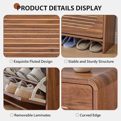 Mid-century Shoe Storage Cabinet with 2 Flip Drawer Arched Fluted Pattern, Farmhouse Slim Curved Corner Wood Shoe Cabinet, Hidden Narrow Shoe Organizer for Entryway,Living Room (Walnut,with Divider)