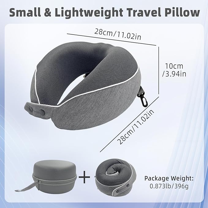 Memory Foam Travel Neck Pillow - with Portable Storage Case, 360° Ergonomic Support for Airplanes & Office, Compact & Portable (Grey)