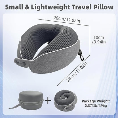 Memory Foam Travel Neck Pillow - with Portable Storage Case, 360° Ergonomic Support for Airplanes & Office, Compact & Portable (Grey)