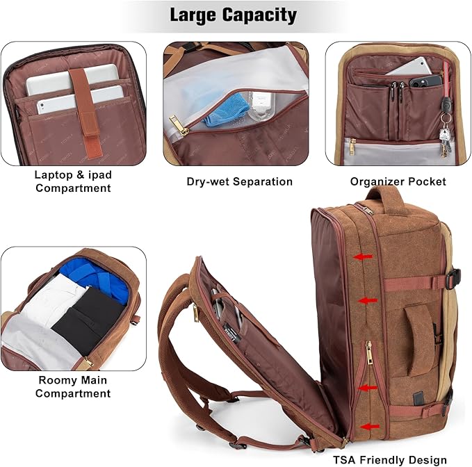 Tzowla 40L Canvas Expandable Travel Laptop Backpack for Men Women Carry on Flight Approved,Large Capacity Anti Theft Backpacks with USB Port,Vintage Personal Item Bag Fit 17.3" Laptop(Brown & Khaki)