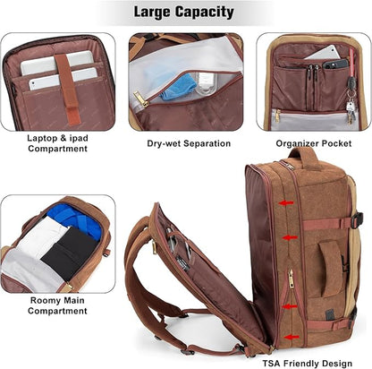 Tzowla 40L Canvas Expandable Travel Laptop Backpack for Men Women Carry on Flight Approved,Large Capacity Anti Theft Backpacks with USB Port,Vintage Personal Item Bag Fit 17.3" Laptop(Brown & Khaki)