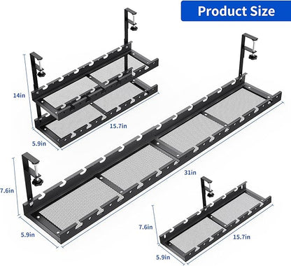 31Inch Extendable Under Desk Cable Management Tray Multi-Model Metal Cable Management Tray Under Desk Cord Management with Clamp Power Strip Cord Holder for Wire Cable Management, Black