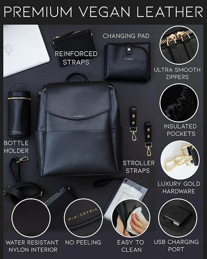 MIA + SOPHIA Leather Diaper Bag Backpack with USB Charging port, Changing Pad, Stroller Straps, and Bottle Holder (Black Olivia)