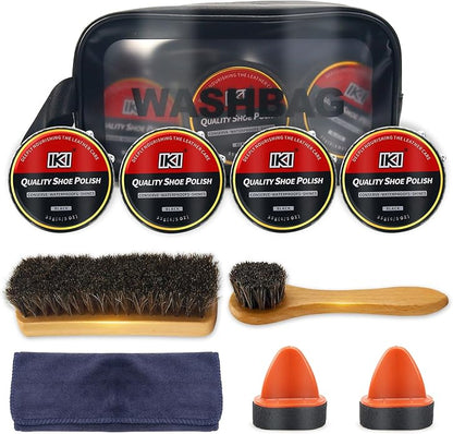 IKI Leather Boot Care Kit - 10 PCS Shoe Polish & Shine Kit with Black Shoe Polish, Sponge Applicators, Horsehair Brush, Microfiber Cloth and Wash Bag, Shoe Care Set for Men & Women