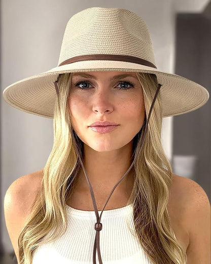 FURTALK Womens Summer Straw Sun Hats Wide Brim Panama Fedora Beach Hat with Wind Lanyard UPF 80+