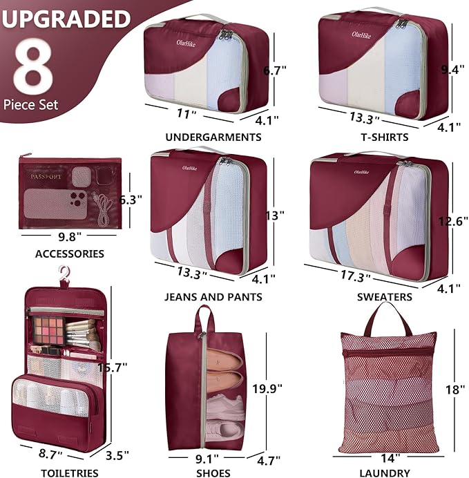 8 Set Packing Cubes for Travel,Gifts for Women Mom at Christmas,Anti-Tear Suitcase Organizers for Luggage with Hook Toiletry Bag,Teens & Friendship Gift,Vacation Essentials & Cruise Accessories,Wine