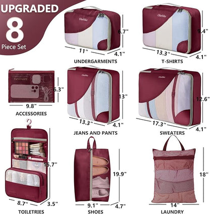 8 Set Packing Cubes for Travel,Gifts for Women Mom at Christmas,Anti-Tear Suitcase Organizers for Luggage with Hook Toiletry Bag,Teens & Friendship Gift,Vacation Essentials & Cruise Accessories,Wine