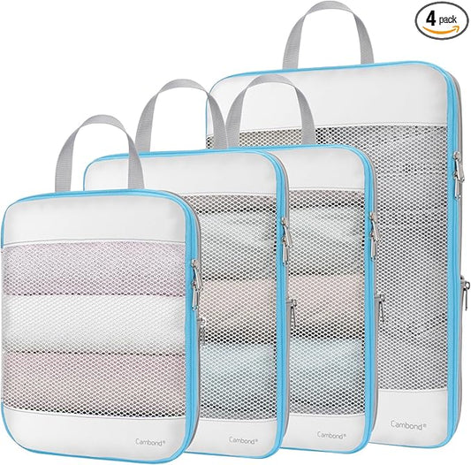 Cambond See Through Compression Packing Cubes Mesh - 4 Pack Mesh Packing Cubes for Travel Women, Lightweight Expandable Travel Bag Organizer Compression Cubes for Carry on Suitcase, White