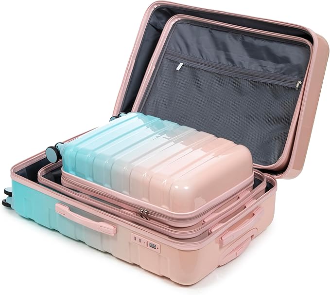 Campfun 3 Piece Luggage Sets, PC Gradient Color Suitcase Set with Double Spinner Wheels, Durable Carry On Luggage with Combination Lock, 20/24/28 inch, Pink+Blue