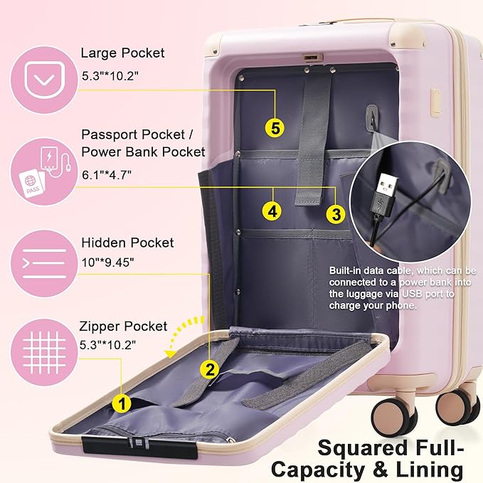 Merax Luggage Sets 5 Piece,Front Open Hardshell Expandable Suitcase with Spinner Wheels and Duffel Bags,Lightweight Carry on Luggage with USB Port and Cup Holder,20/24/28IN,Pink