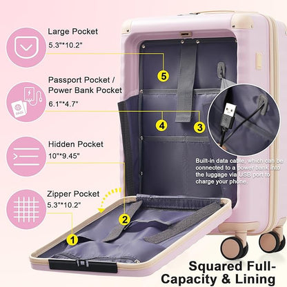 Merax Luggage Sets 5 Piece,Front Open Hardshell Expandable Suitcase with Spinner Wheels and Duffel Bags,Lightweight Carry on Luggage with USB Port and Cup Holder,20/24/28IN,Pink
