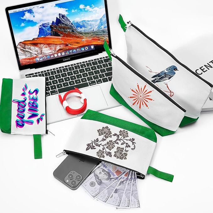 10 Pieces Cotton Canvas Makeup Bag with Bottom and Strap, Multi-Purpose Cosmetic Bag with Zipper Travel Toiletry Pouch, Blank DIY Craft Bag (White&Green, S)