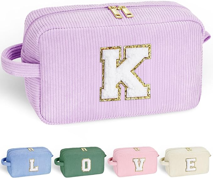 YOOLIFE Girlfriend Gifts Makeup Bags - Initial Makeup Bag Travel Makeup Bag with Zipper Small Makeup Brush Bag Corduroy Makeup Bag Sister Birthday Gifts Bridesmaid Proposal Gifts for Women Letter K