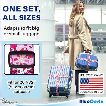 Luggage Straps for Suitcases - TSA Approved - Pink Geometric, 2 PK - Premium Belts for Suitcase, Briefcase & Travel Bag - Adjustable Strap Length 41" - 78"