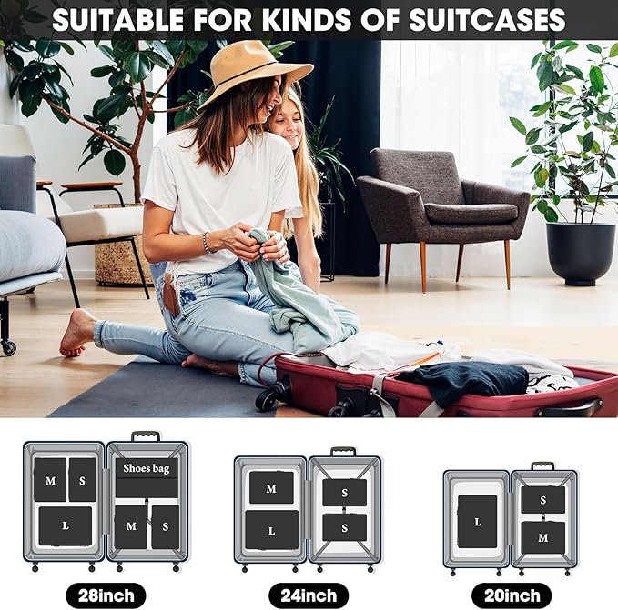 8 Set Compression Packing Cubes for Travel, Expandable Compression Cubes for Suitcases, Lightweight Suitcase Organizer with Shoes & Laundry Bags, Travel Accessories for Men Women
