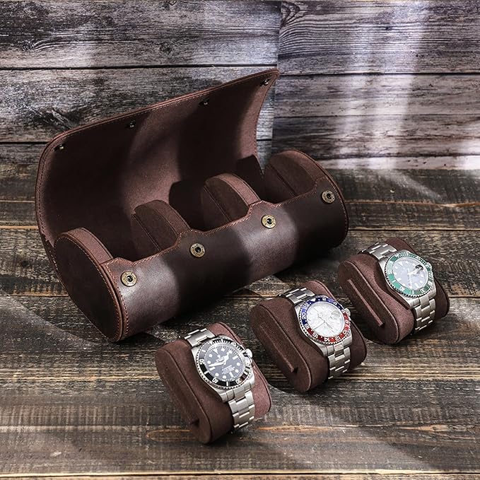 Genuine Leather Watch Roll Travel Case, Travel Watch Case for Men, Leather 3-Watches Roll Case for Bracelets, Portable Watch Storage Organizer with Removable Pillows