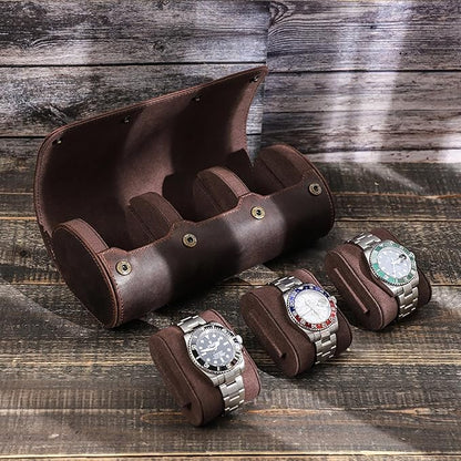 Genuine Leather Watch Roll Travel Case, Travel Watch Case for Men, Leather 3-Watches Roll Case for Bracelets, Portable Watch Storage Organizer with Removable Pillows