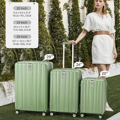 Hanke Expandable Hardshell Luggage Sets 3 Piece Extra Large Suitcases with Lock,28 Inch Luggage with Spinner Wheels, PC Travel Suitcase for Women Men 20 24 29Inch,Bamboo Green