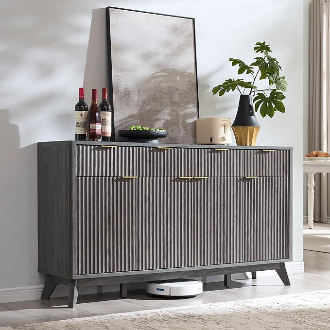 OKD Fluted Storage Cabinet with Drawers, 60" Morden Buffet Sideboard Coffee Bar Cabinet with 4 Doors and 3 Drawers for Dining Room, Living Room,Hallway (Dark Alder)