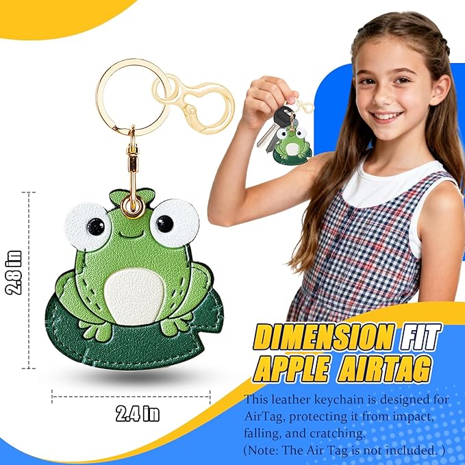 Leather Keychain for Airtag, Cute Protective Keychain Holder Compatible with Apple Air Tag,GPS Item Tracker Case Cover for Keys,Bags,Pets,Luggage(Frog)
