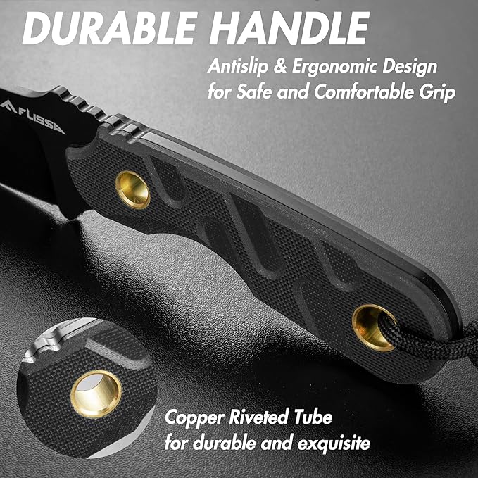 FLISSA Fixed Blade Knife, 7 Inch Full Tang Hunting Knife with Kydex Sheath and Emergency Rope, Tactical Knife with G10 Handle for Survival, Camping, Hiking(Black)