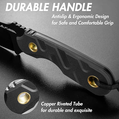 FLISSA Fixed Blade Knife, 7 Inch Full Tang Hunting Knife with Kydex Sheath and Emergency Rope, Tactical Knife with G10 Handle for Survival, Camping, Hiking(Black)