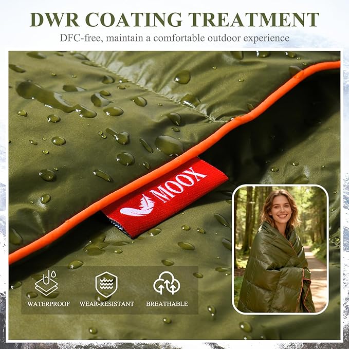 MOOX Down Camping Blanket Packable Backpacking Camping Quilt Outdoor Lightweight Warm Water Resistant Puffy Sleeping Bag Travel Hiking 55"x79" Waterproof Camp Throw Blanket, Green Orange