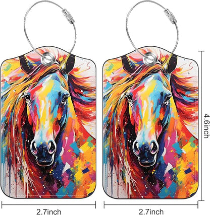 Set of 2 Luggage Tags for Suitcase Abstract Horse Leather Baggage Tags Set with Stainless Steel Loop Name Address Labels Privacy Cover for Men Women Travel Bag Suitcase, 4.6 x 2.7 inch