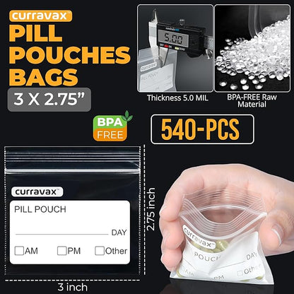 Pill Bags for Travel Pack of 540 - BPA Free 3 x 2.75 inch Pill Pouch - Reusable Pill Pouches for Medicine with Write on Label –Clear Ziplock Pill Baggies for Travel Medicine Organizer