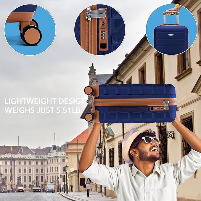 Flight Knight Luggage Sets TSA Lock Silent Double Spinner Wheels Suitcase With Case Maximum Carry On Bag Size For American & United Approved Airlines(3 Piece Set (22/27/31"),Navy/Tan)