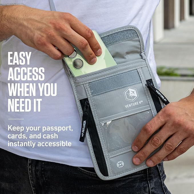VENTURE 4TH Neck Wallet, RFID Blocking Passport Holder for Travel – Hidden Neck Pouch with 6 Compartments, Slim Lightweight Organizer with Adjustable Strap for Cash, Cards & Passport (Green)