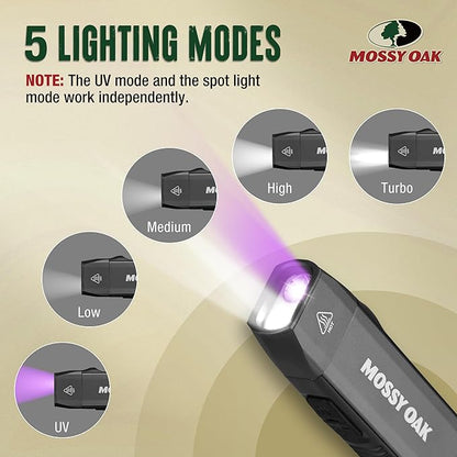 Mossy Oak Rechargeable EDC Flat Flashlight 1200 Lumens, Pocket Work Light with Magnetic Base, UV & White Light Combo, Waterproof LED Inspection Light for Work and Home - Idea Christmas Gift for Men
