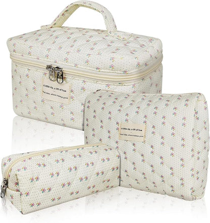 Quilted Makeup Bag, Large Floral Cosmetic Bag for Women, Cute Cotton Makeup Bag, Flower Travel Toiletry Organizer Bag (Flower)