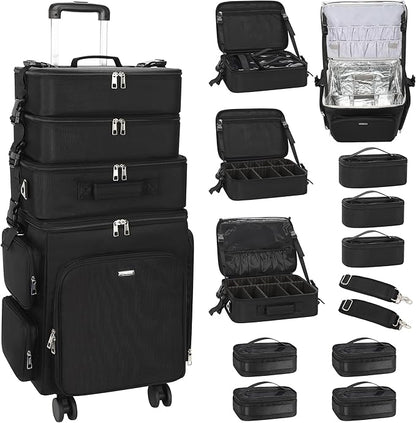 Relavel Rolling Makeup Case, 4 in 1 Hairstylist Traveling Bag Cosmetology Case on Wheels Large Hair Tools Cosmetics Train Case Makeup Artist Organizer (black with 4 additional small bags, Extra Large)