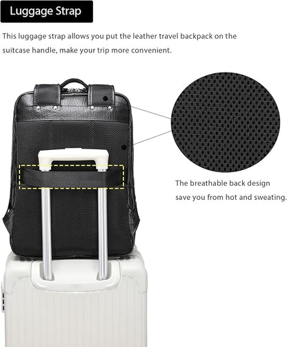 LANNSYNE Full Grain Leather Backpack For Men, 15.6" Leather Laptop Backpack Hiking Travel Bag Camping Rucksack