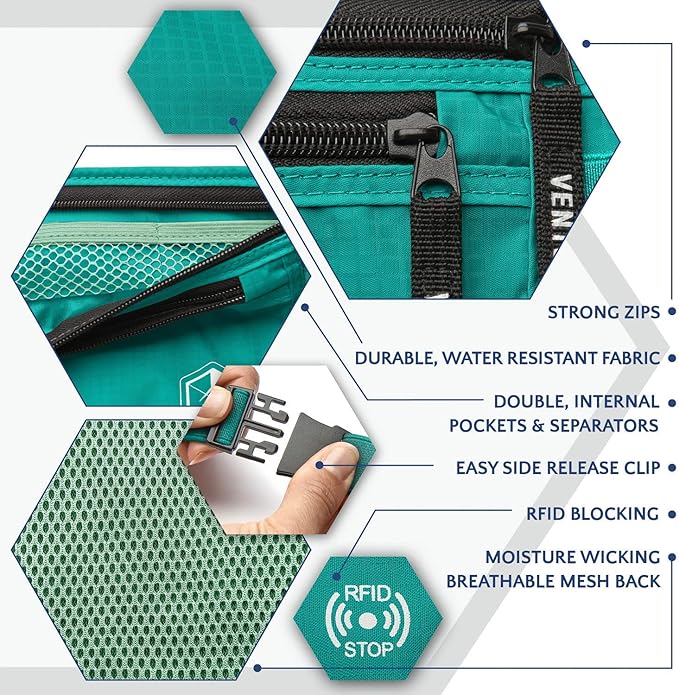 VENTURE 4TH Money Belt for Travel – Hidden Under-Clothes RFID Blocking Passport Holder & Slim Travel Wallet Pouch for Men & Women to Protect Cash, Cards & Documents (Turquoise)
