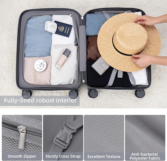 LARVENDER Luggage Sets 3 Piece, Hardside PP Carry On Luggage Suitcase with 360° Spinner Wheels Suitcase Sets for Women Men, Dark Grey