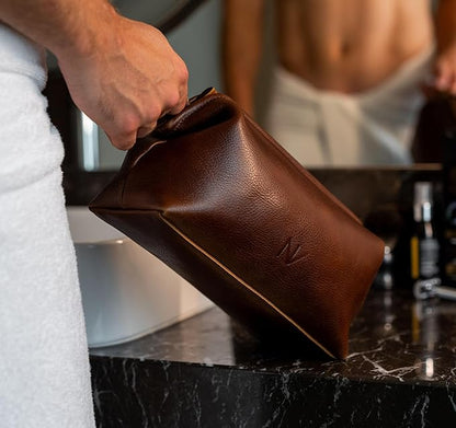 NV Holders Premium Genuine Leather Toiletry Bag for Men - The Ultimate Travel Dopp Kit and Hygiene Organizer, Perfect Men's Toiletry Travel Bag (Brown)