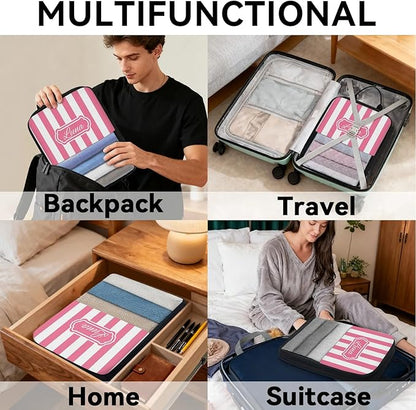 Custom 6 Set Compression Packing Cubes with Name Personalized Compressible Expandable Packing Organizers Luggage Carry On Suitcase Bags Travel Accessories Gifts, Deep Pink Stripe