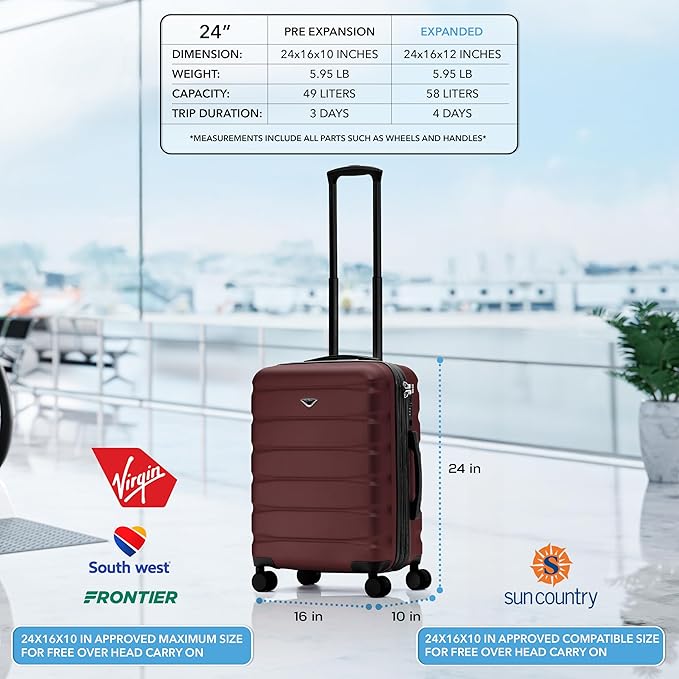 Flight Knight 24x16x10 Expandable Carry On Suitcase Hardside TSA Lock USB C Lightweight Luggage Silent Double Spinner Wheels Maximum Overhead Carry-On Bag For Virgin & South West Approved Airlines