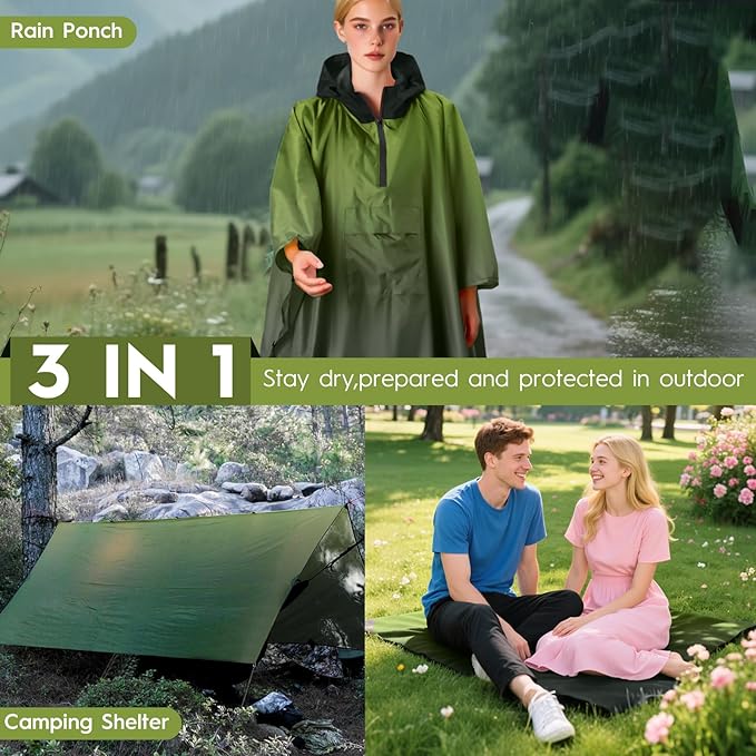 Bruvoalon 3-in-1 Rain Poncho with 1/4 Zip & Chest Pocket, Waterproof, Sunshade, Ground Mat for Adults & Youth Emergency