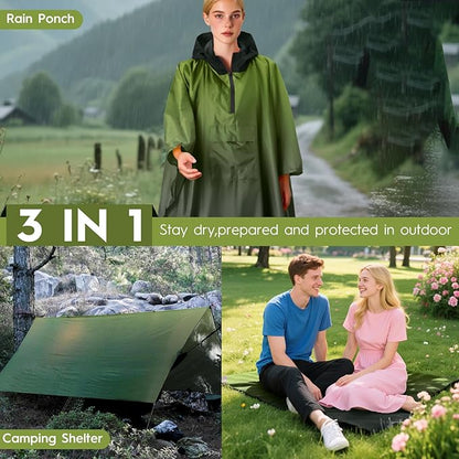 Bruvoalon 3-in-1 Rain Poncho with 1/4 Zip & Chest Pocket, Waterproof, Sunshade, Ground Mat for Adults & Youth Emergency