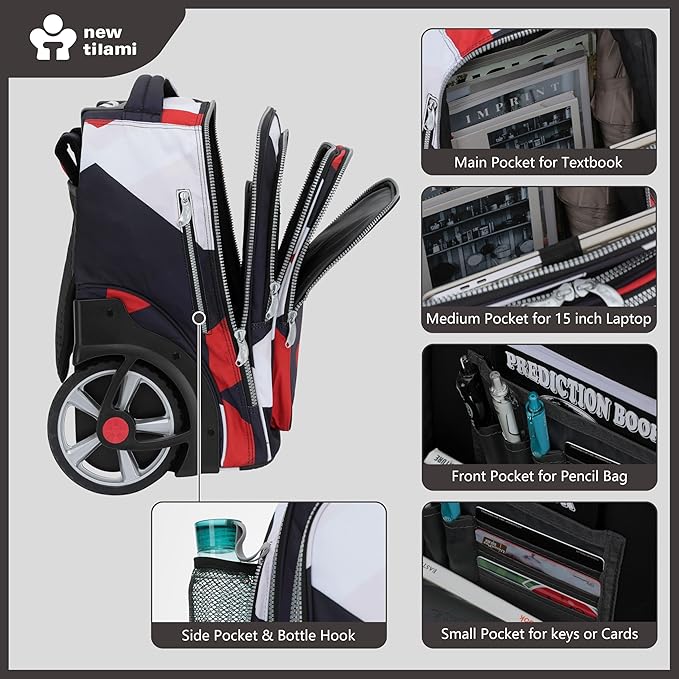 NEW TILAMI 20" Rolling Backpack for Teens Adults, Climbing Stairs Waterproof Backpack with Wheels for School Business Trave Camping with Laptop Compartment, Fit 17 Inch Laptop, Black - Red Combo