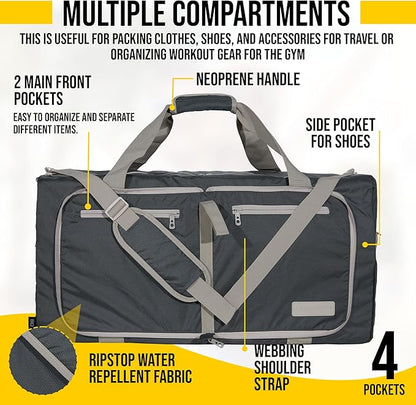 LEGEND 80L Foldable Duffle Bag for Travel - Packable Duffle Bags w/Shoe Compartment - Tear Resistant Collapsible Duffel Bags for Traveling - Lightweight Folding Duffel Bag for Men & Women -Dark Gray