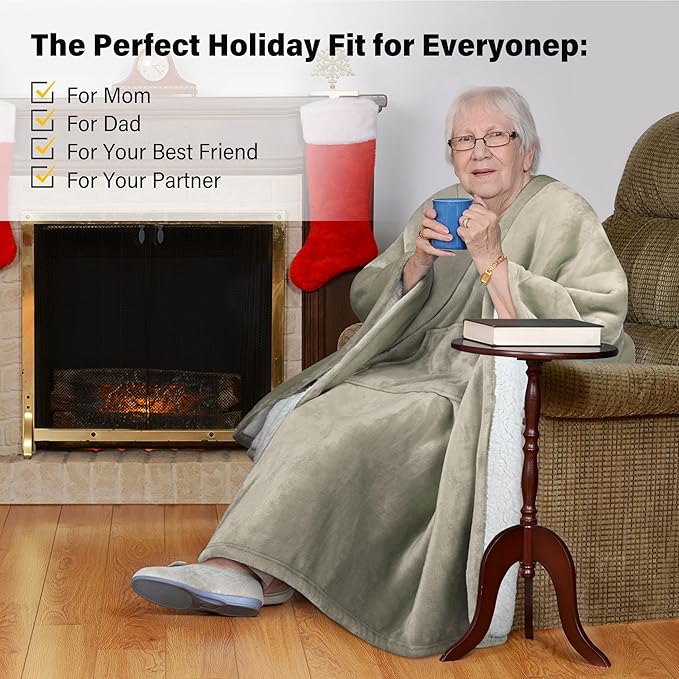 Catalonia Sherpa Wearable Blanket Poncho for Adult Women Men, Wrap Blanket Cape with Pocket, Warm, Soft, Cozy, Snuggly, Comfort Gift, No Sleeves, Camel