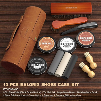 Shoe Polish Kit, 13PCS Leather Shoes Shine Kit for Men with Black Brown Neutral Polish, Mink Oil, Horsehair Brushes for Leathers Boot Care as Mens Dad Christmas Gifts Ideas