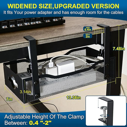 Large Under Desk Cable Management Tray - Heavy Duty Metal Cord Organizer with No Drill Installation for Office & Home Office Desks to Hide Wires & Power Strips (Black, XL)